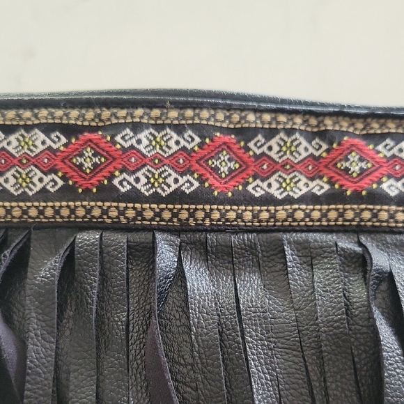 Black Fringe Crossbody Bag with Red and White Accents - Picture 4 of 5